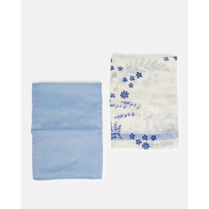 Women White And Blue Floral Print Scarf Set (Pack of 2)