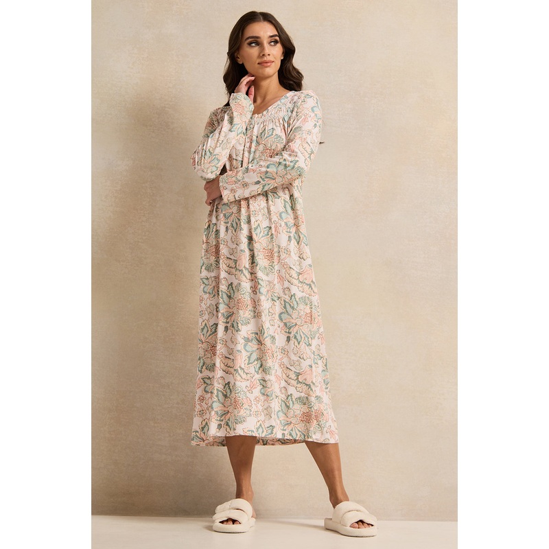 Women White Printed Round Neck Knitted Nightgown
