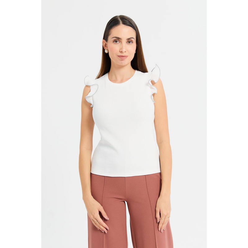 Women White Ruffle Detailed Jersey Top