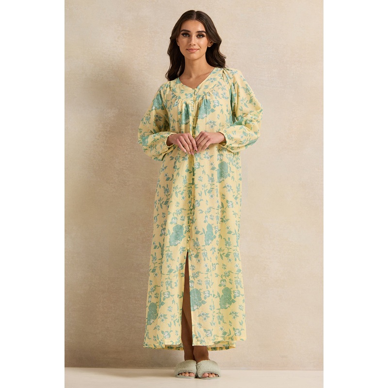 Women Yellow And Green Floral front Button Nightgown