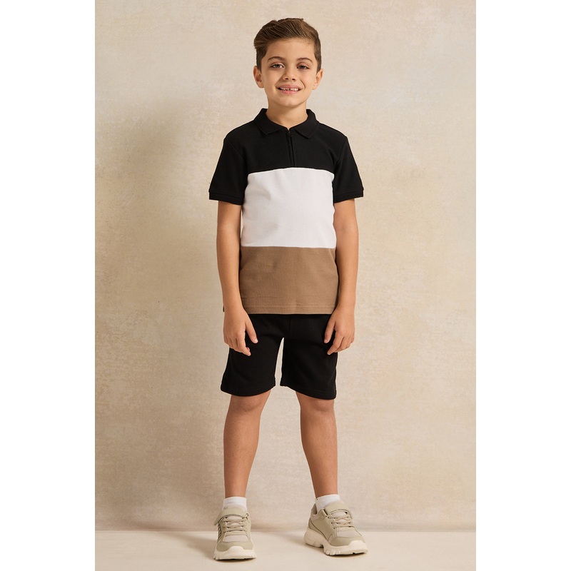 Boys Beige And Black Cut & Sew Set (2 Piece)
