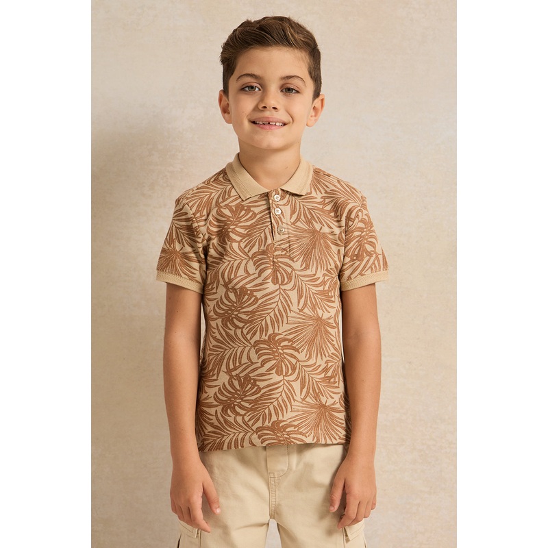 Boys Beige Printed Polo Shirt|2-3 Years|3-4 Years|4-5 Years|5-6 Years|6-7 Years|7-8 Years