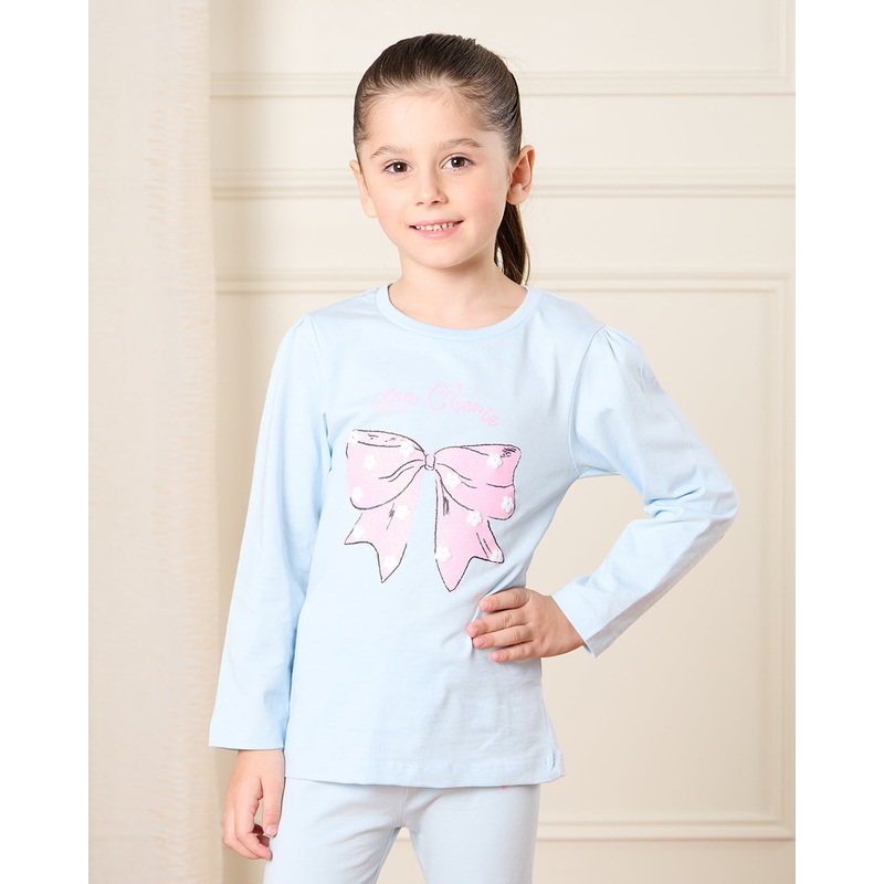 Girls Blue Bow Printed T-Shirt