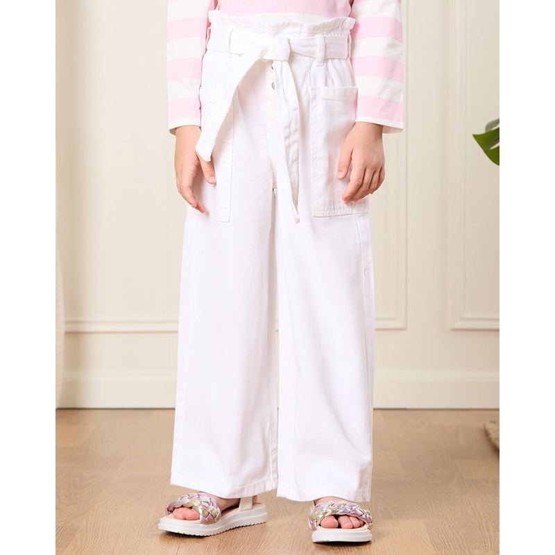 Girls White Belted Wide Leg Jeans