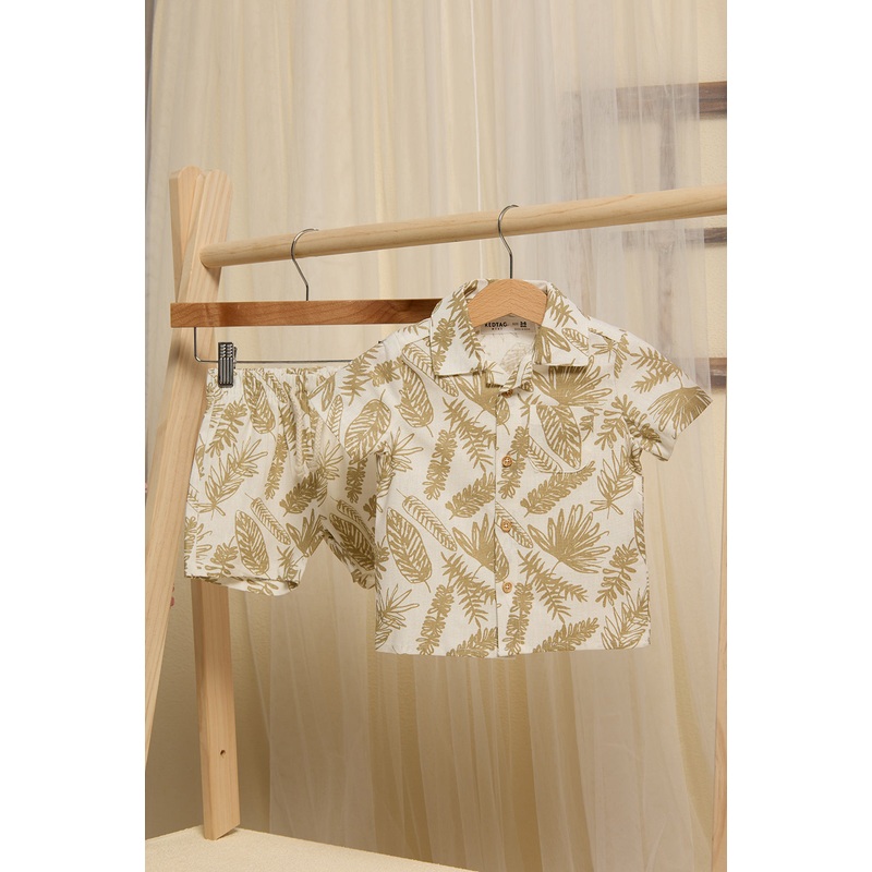 Infant Boys Beige Leave Printed Set With A Hat Set (3 Piece)