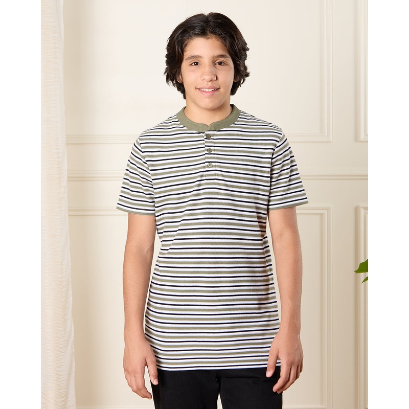 Senior Boys Green Striped Polo Shirt