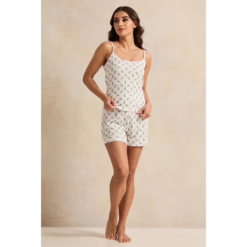 Women White Printed Short Pant Cami Set (2 Piece)