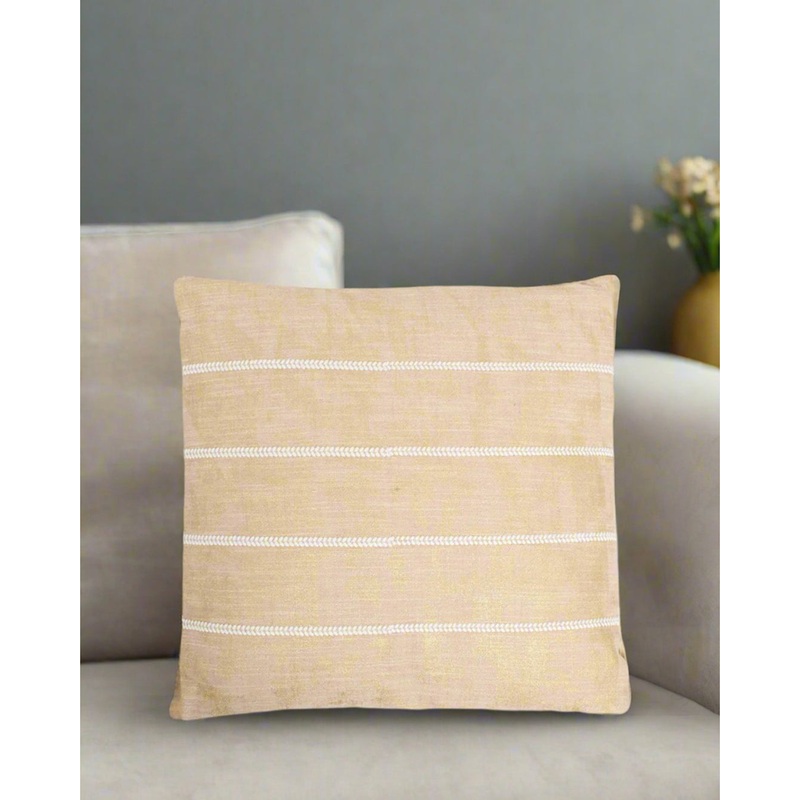 Beige Embroidered Cushion With Lace