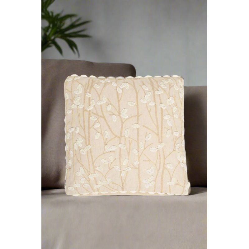 Beige Floral Embroidered Cushion With Lace