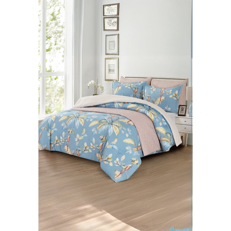 Blue And Pink Botanical Garden Printed Comforter Set (Double Set)