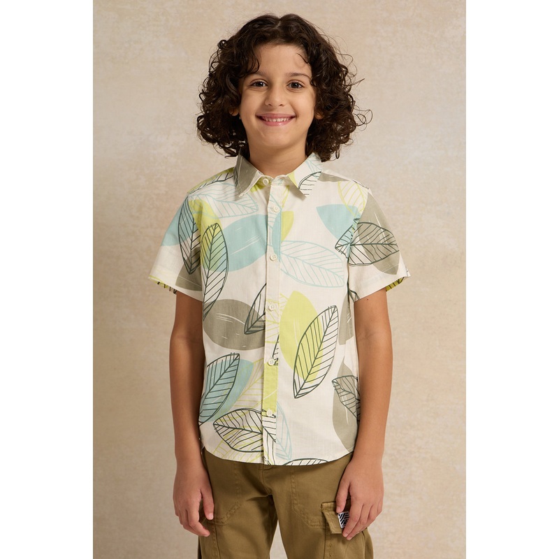 Boys Cream Leaves Printed Shirt