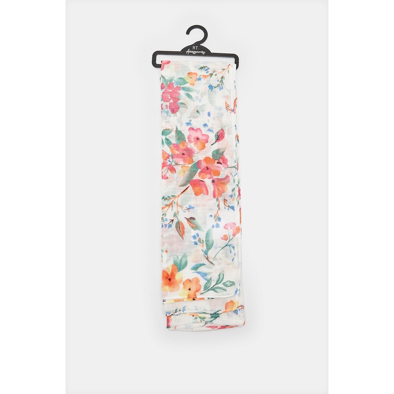 Girls White Floral Print Scarf