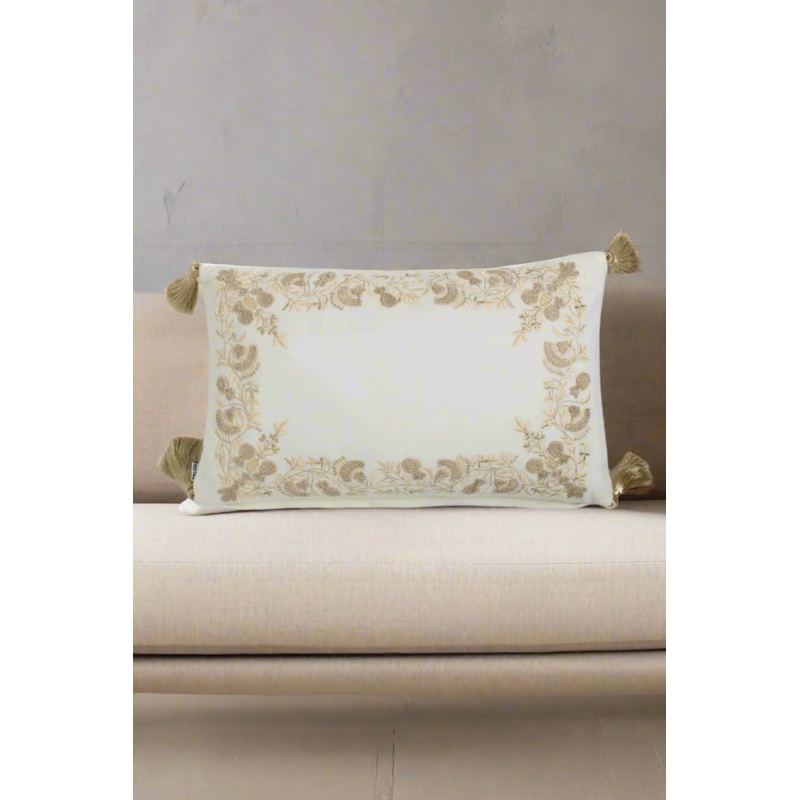 Ivory/Gold Floral Embroidered Cushion With Tassels