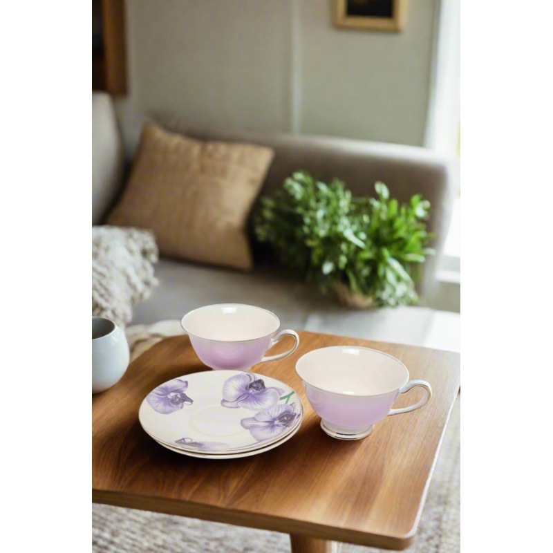 Lilac Print Cup And Saucer Set (4 Piece)