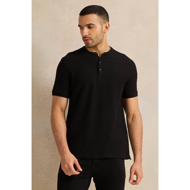 Men Black Mandarin Collar T-Shirt