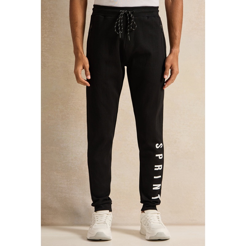 Men Black Side Print Active Pants
