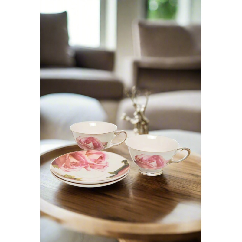 Pink Print Cup And Saucer Set (4 Piece)