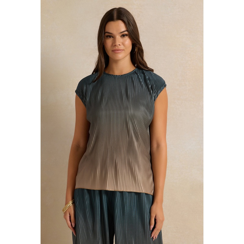 Women Beige And Blue Ombre Effect Plisse Top