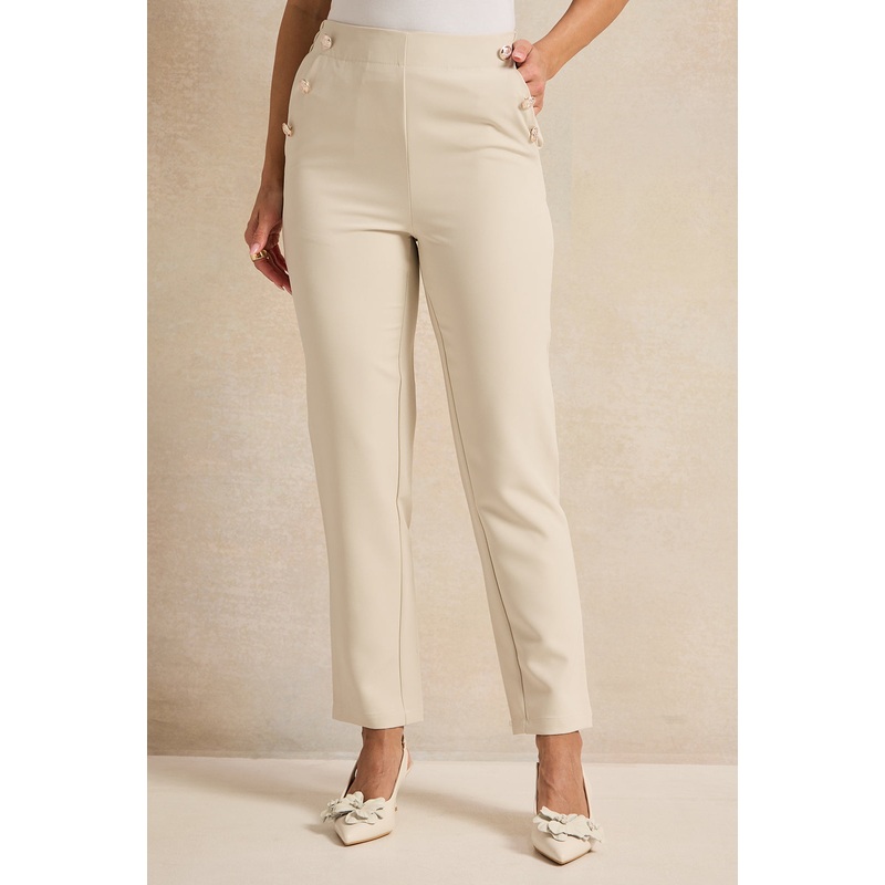 Women Beige Button Detailed Trousers