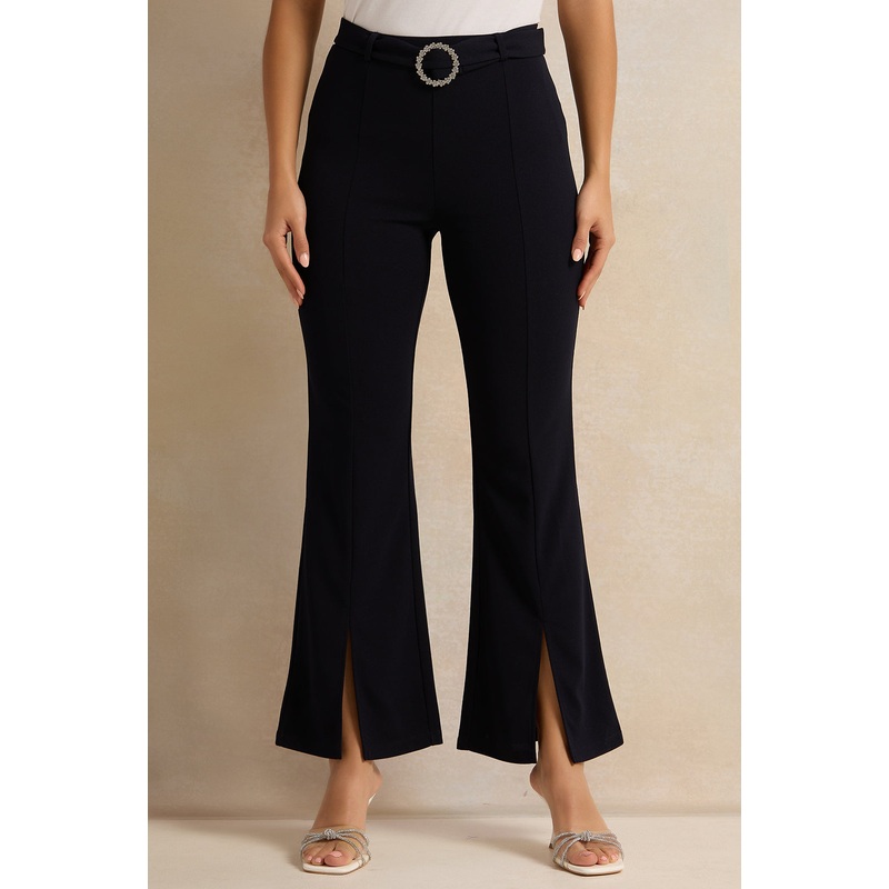 Women Black Buckle Embellished Trousers