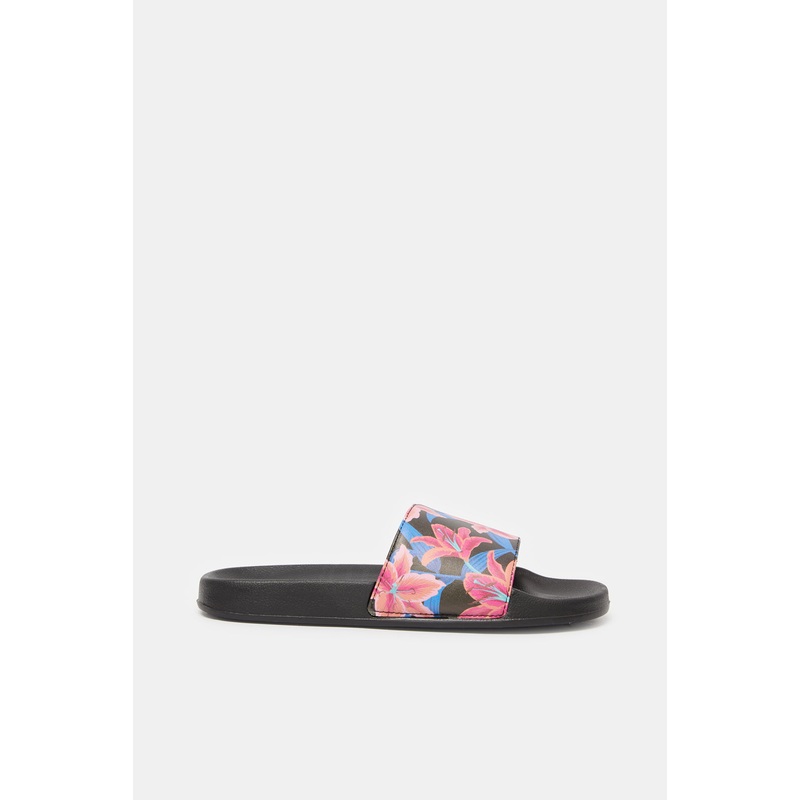 Women Black Floral Print Slides