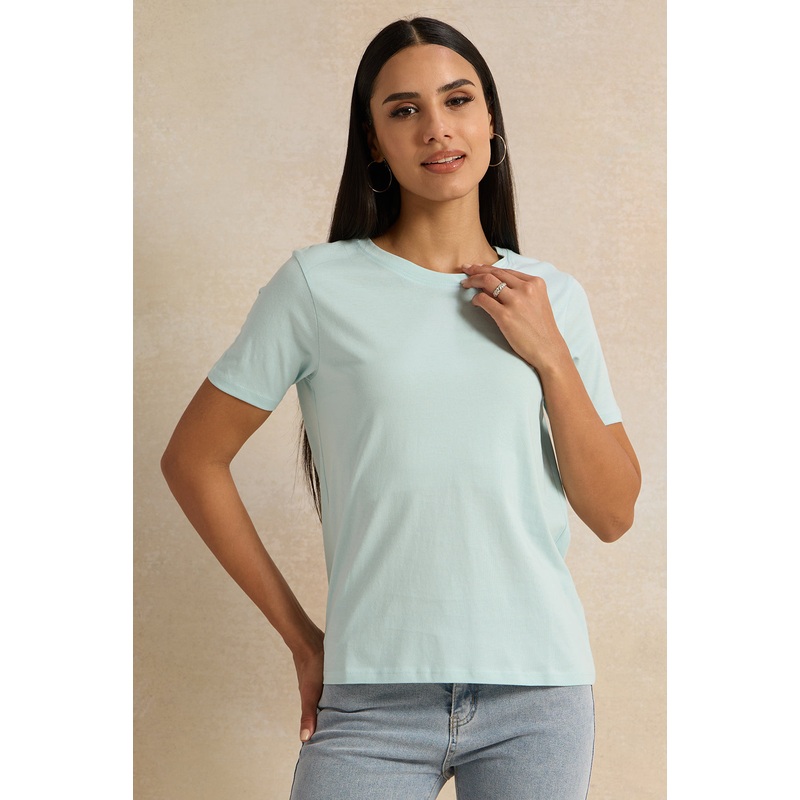 Women Blue Basic Crew Neck T-Shirt