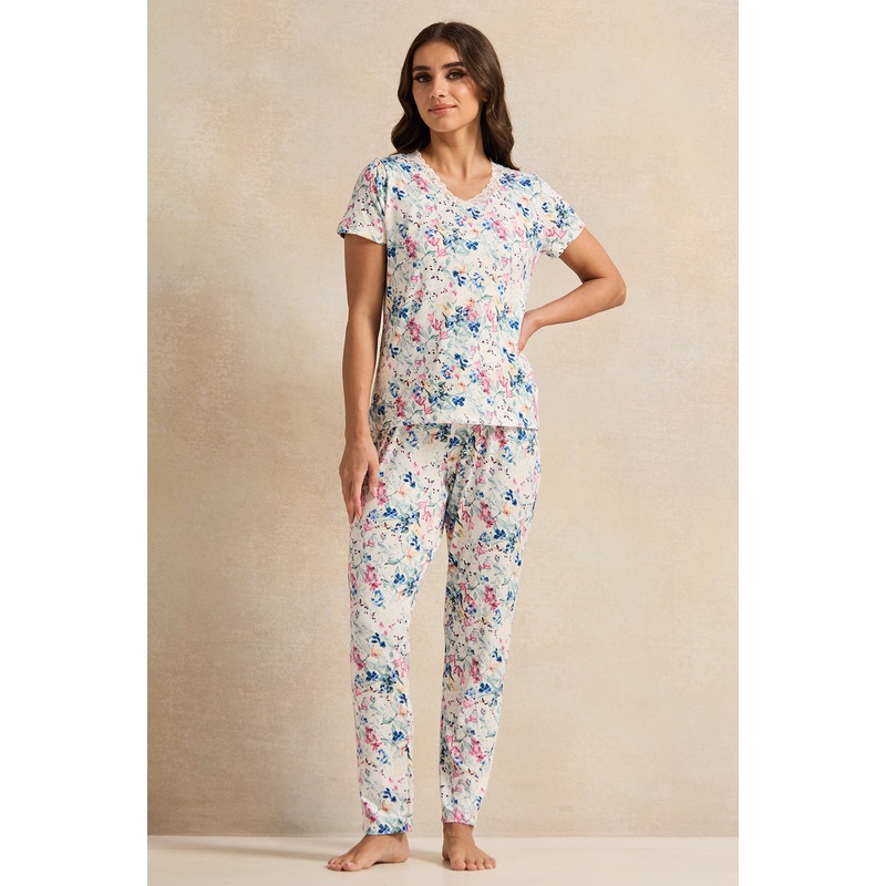 Women Blue Floral Print Pyjama Set (2 Piece)