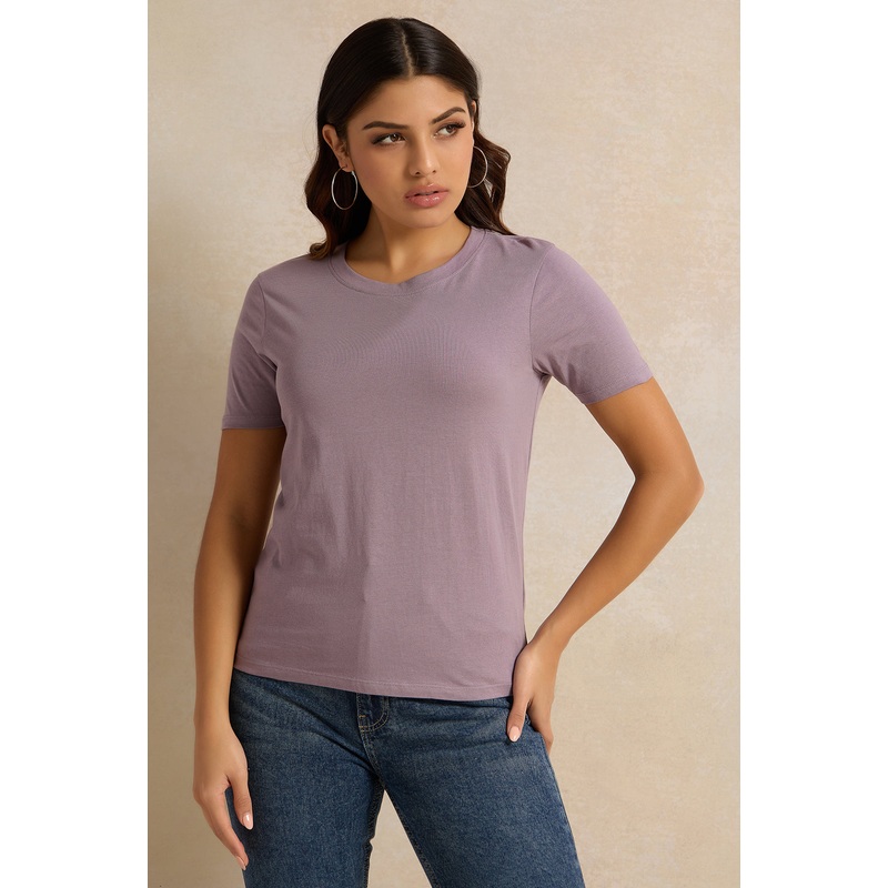 Women Mauve Basic Crew Neck T-Shirt