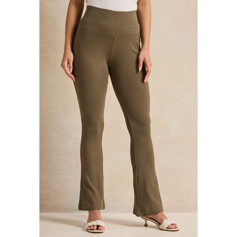 Women Olive Ribbed Flared Leggings