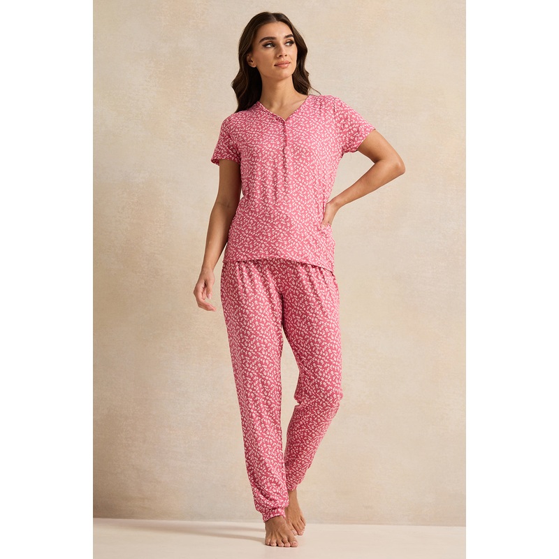 Women Pink Floral Printed Pyjama Set (2 Piece)