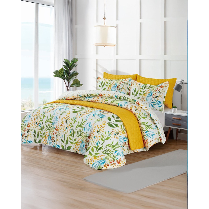 Yellow 6 Piece Floral Printed Comforter Set (Double Size)