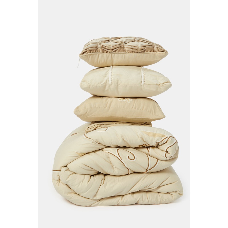Beige 7 Piece Flower Embroidery Comforter Set (King Size)