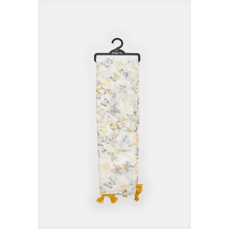 Girls White And Yellow Butterfly Printed Scarf