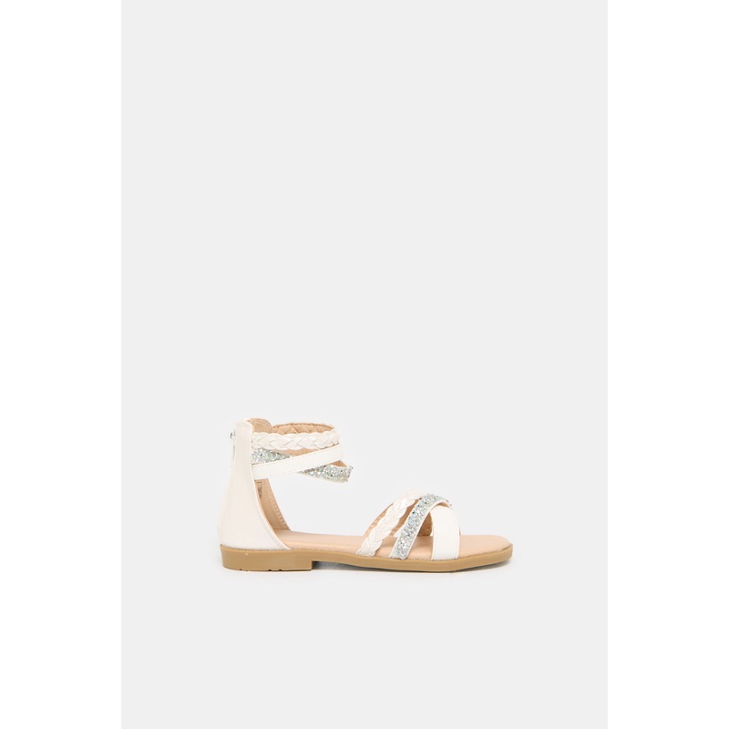 Girls White Braided Diamante Sandals