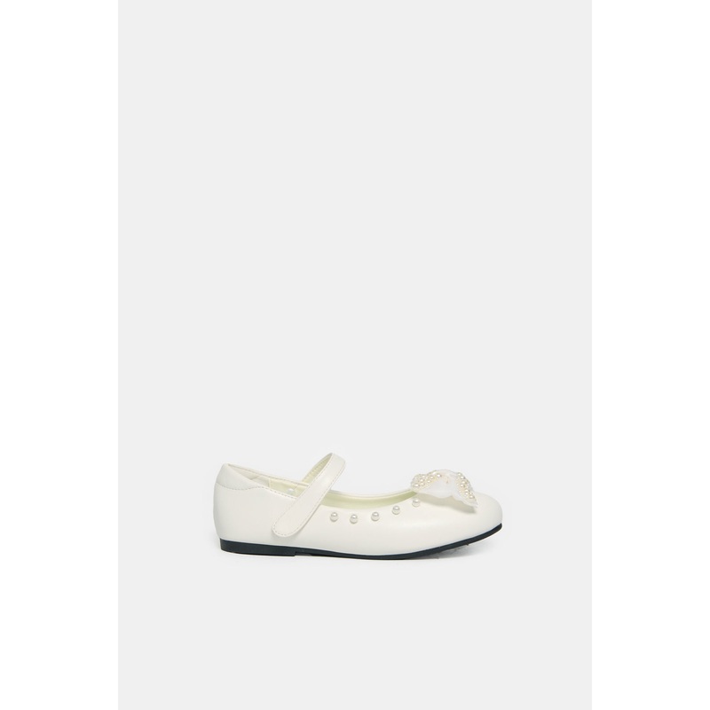 Girls White Pearl Bow Ballerina