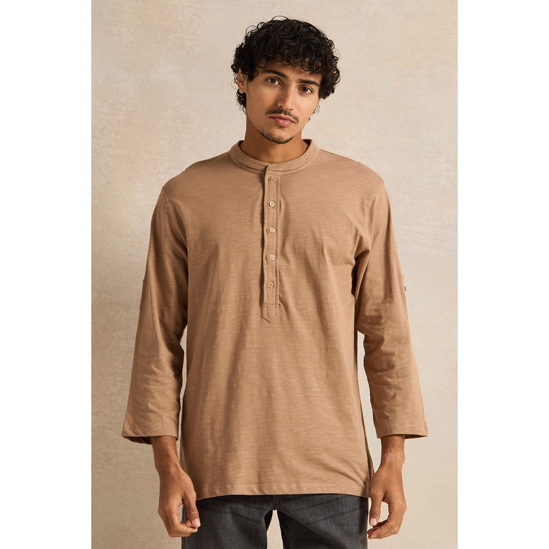 Men Beige Suede Tipped Kurta Shirt