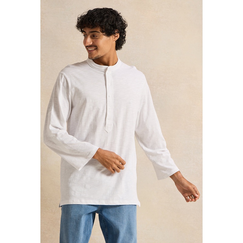 Men White Suede Tipped Kurta Shirt