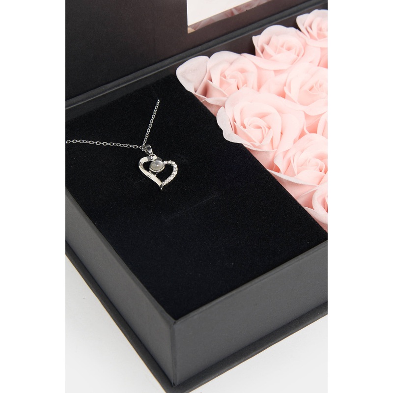 Pink Artificial Flower Gift Box With Necklace