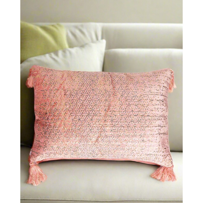 Pink Foil Print Cushion With Tassels
