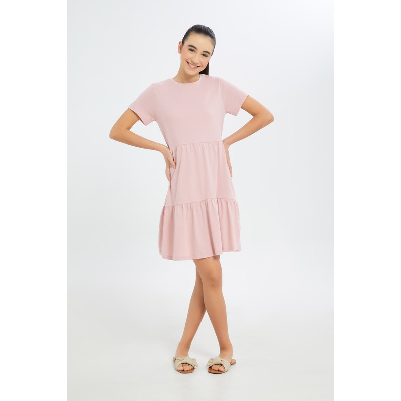 Senior Girls Pink Plain Tiered Dress