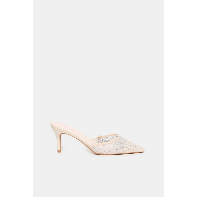 Women Beige Mesh Mule With Rhinestones