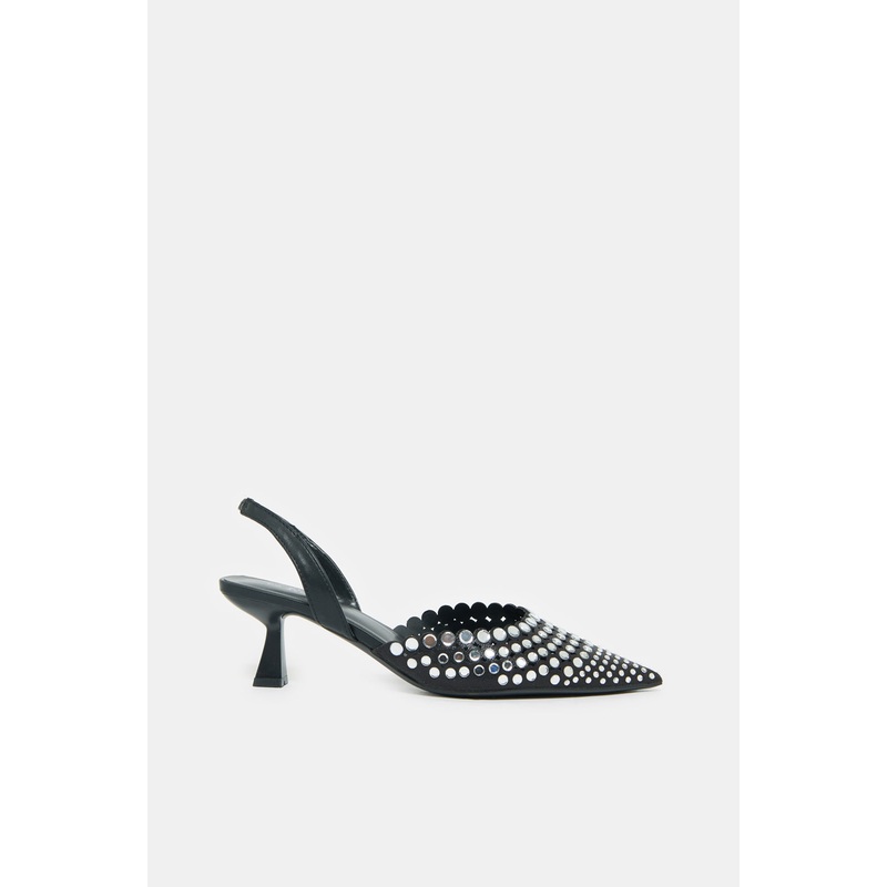 Women Black Slingback  Mule With Rhinestones