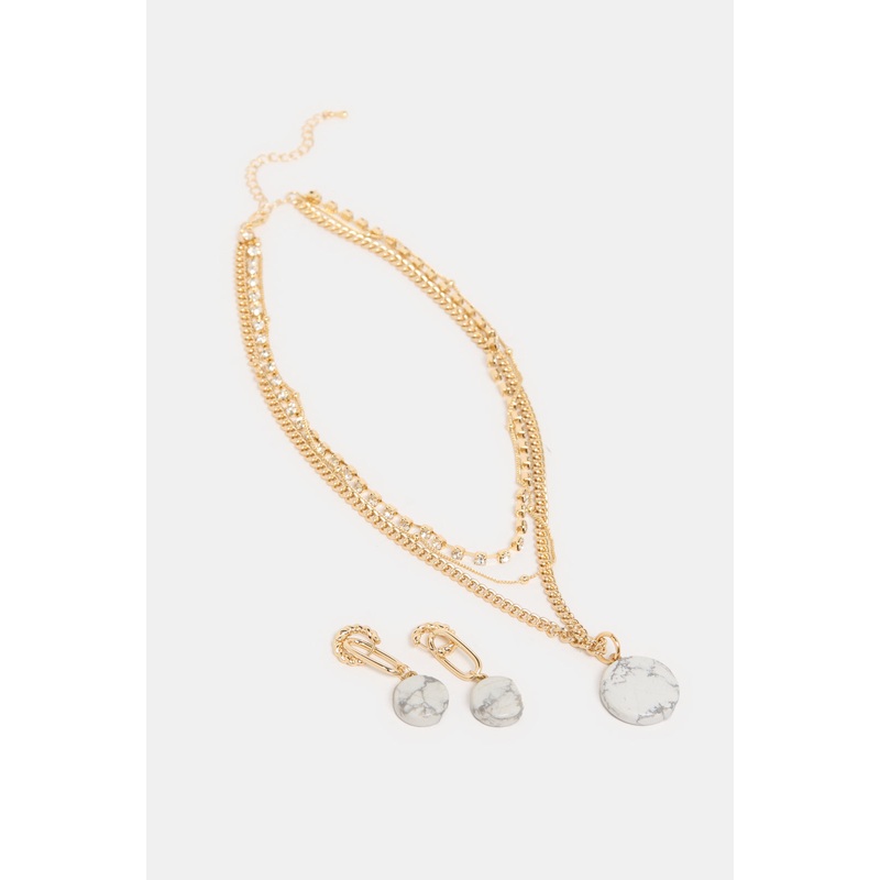 Women Gold Embellished Necklace And  Earrings (3 Piece)