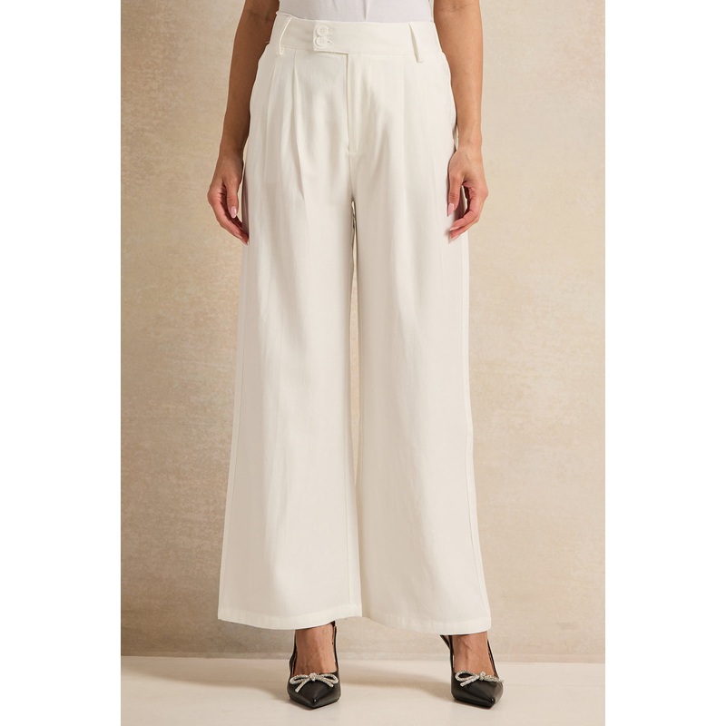 Women Ivory Wide Leg Pleated Trousers