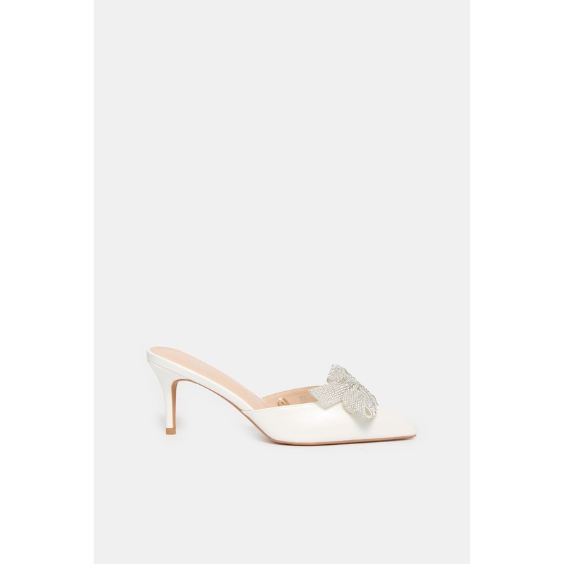 Women White Mule With Diamante Bow