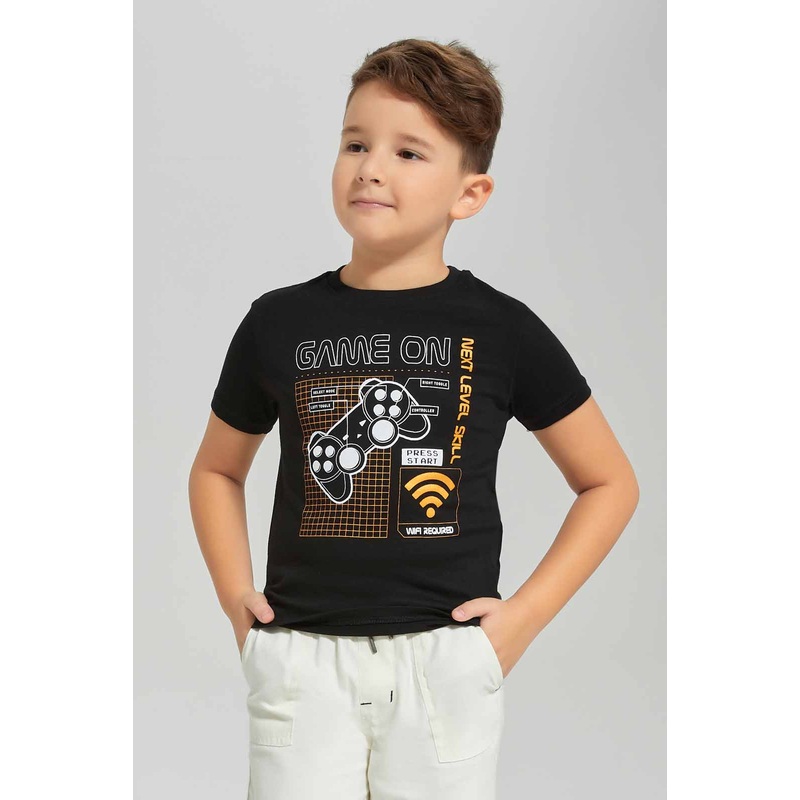 Boys Black Game On Print T-Shirt
