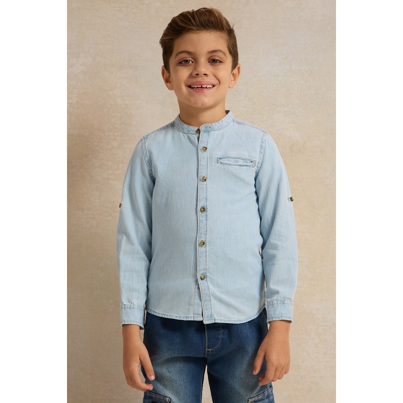 Boys White And Blue Denim Shirt With T-Shirt Set (2 Piece)