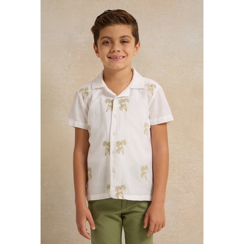 Boys White Denim Print Short Sleeve Shirt