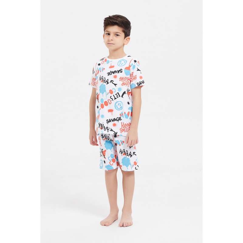 Boys White Graffiti Printed Pyjama Set (2 Piece)