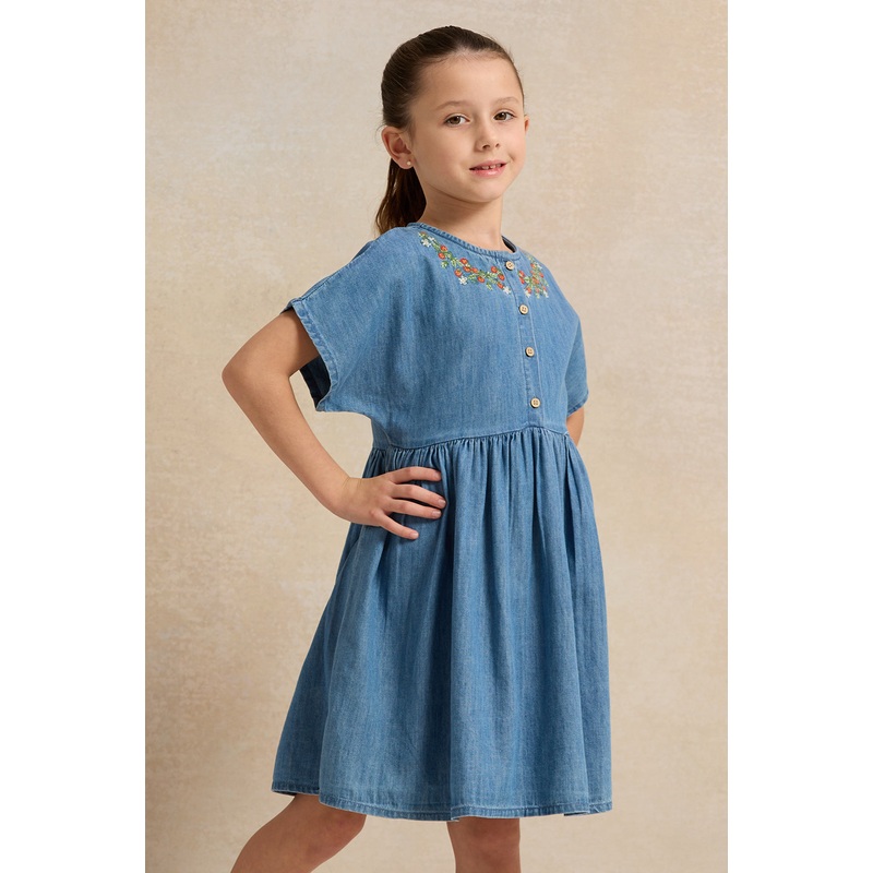 Girls Blue Denim Dress With Embroidery